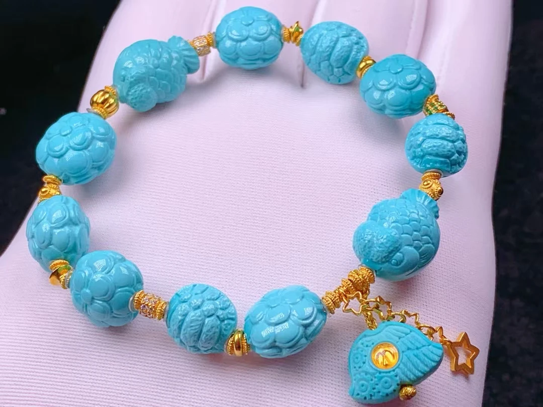 纯天然原矿绿松石雕刻多宝手串 手链 配饰女款单圈手工精美气质