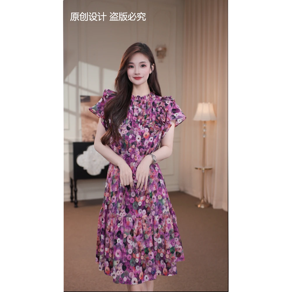 宁宁·微醺果酒·夏季新款圆领捏褶印花碎花显瘦高贵连衣裙-90891