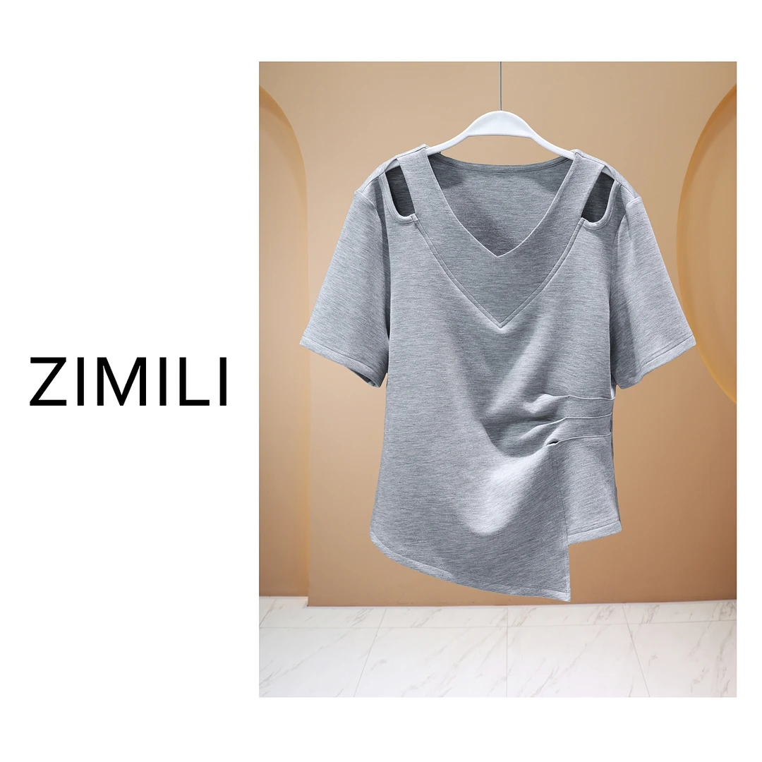 【亮哥女装】2025欧版《铅华》花灰色V领不规则下摆气质短袖9829-B7