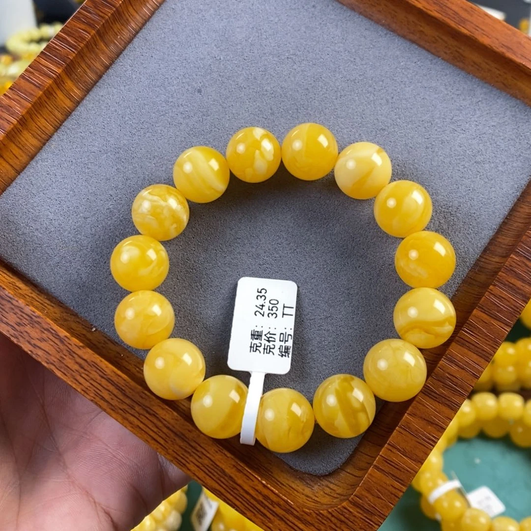 琥珀未镶嵌裸石14.7mm焦皮同料手串24.35克TT