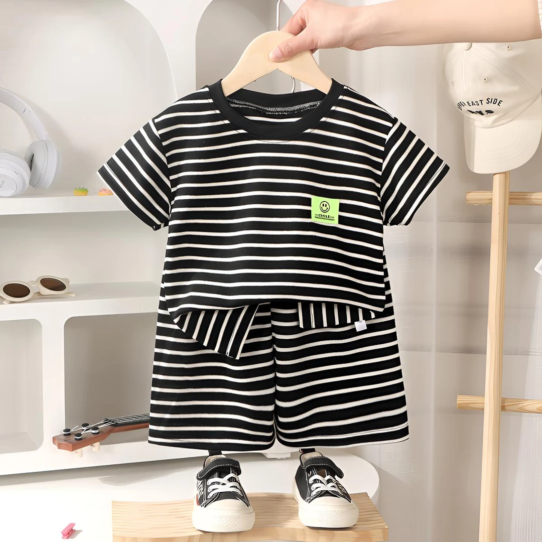 新款短袖宽松条纹套装韩版休闲百搭时尚男女宝夏季儿童运动