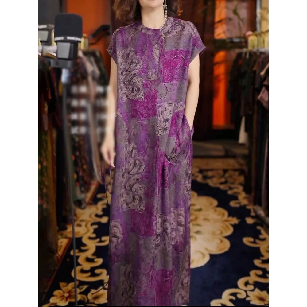 典雅韵味国风贵气短袖连衣裙2025夏季新款紫色圆领印花通勤A字裙