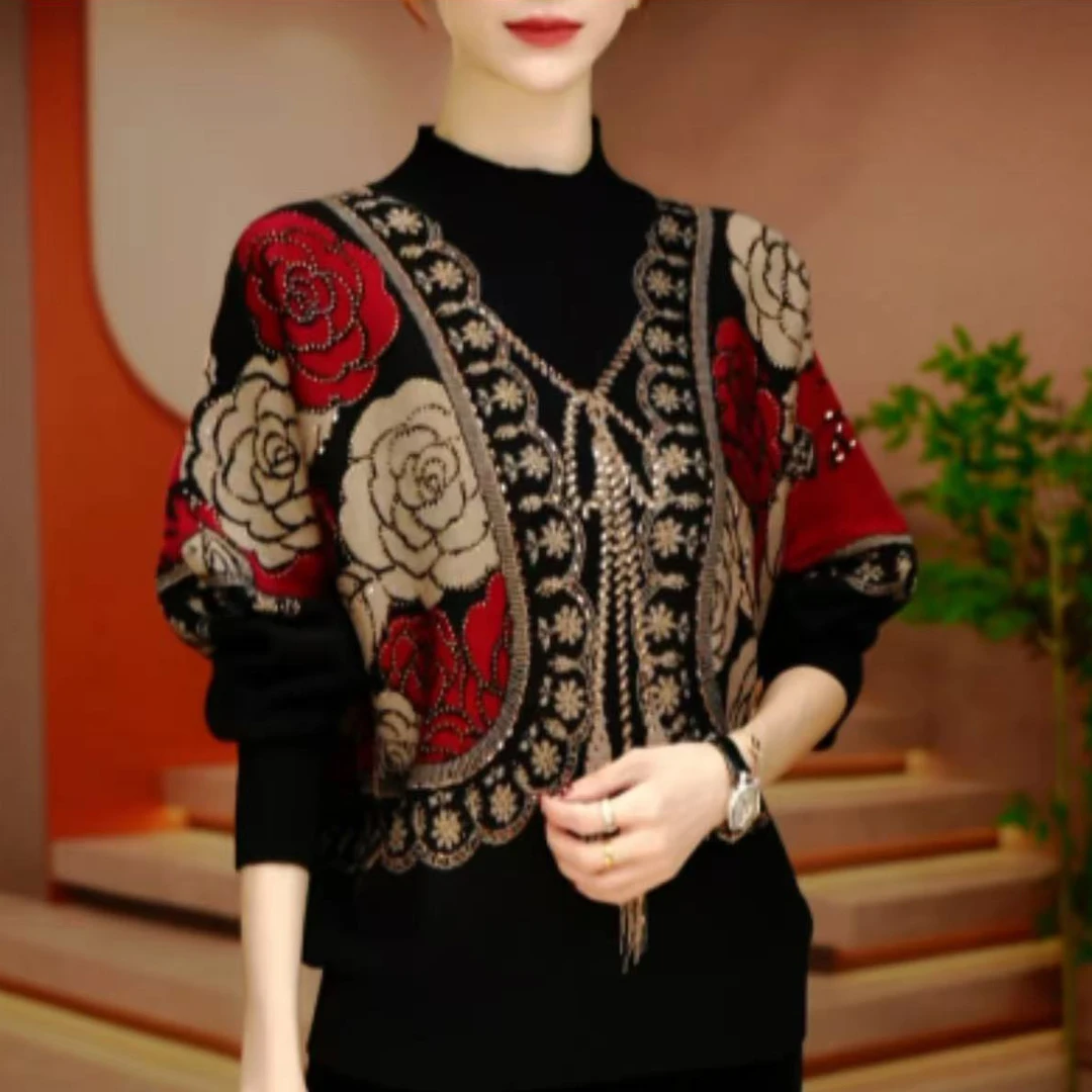 洋气宽松女士针织衫秋冬气质套头上衣复古花色保暖妈妈毛衣打底衫