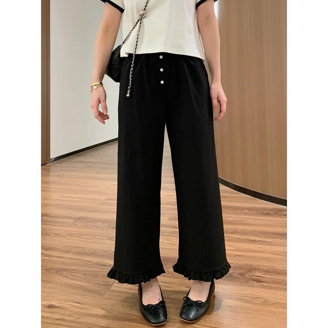 YO定制韩系简约松紧腰花边阔腿裤夏季小个子减龄垂感遮肉休闲裤