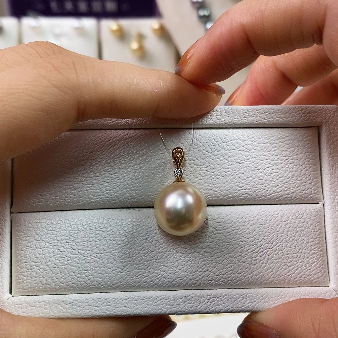 吊坠(不含链)海水珍珠18K金镶嵌13-14m南洋金珠吊坠（茶金品质）