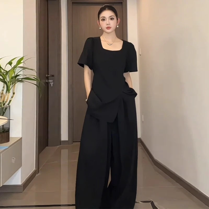 大码休闲时尚赫本套装女夏季胖mm显瘦高级感T恤上衣阔腿裤两件套