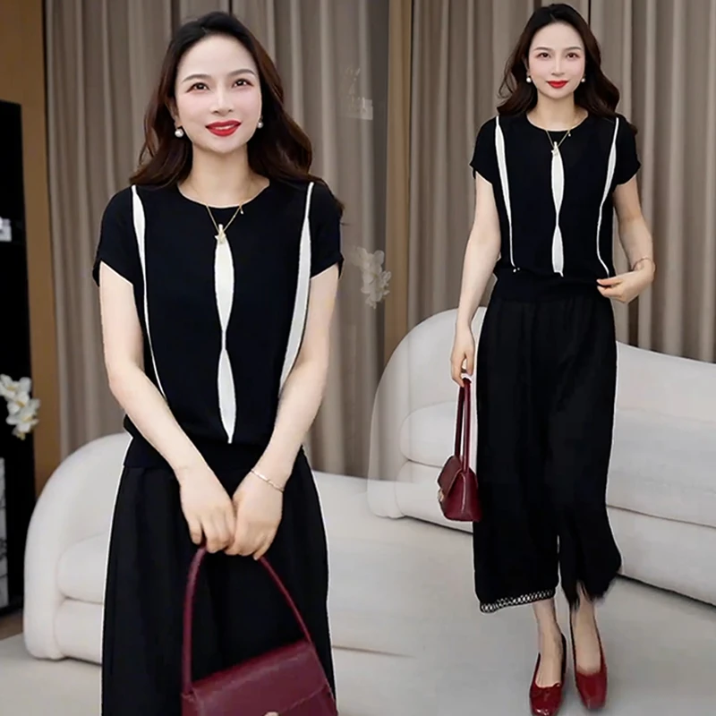 时尚撞色拼接套装女2025年夏季新款减龄洋气显瘦上衣阔腿裤两件套
