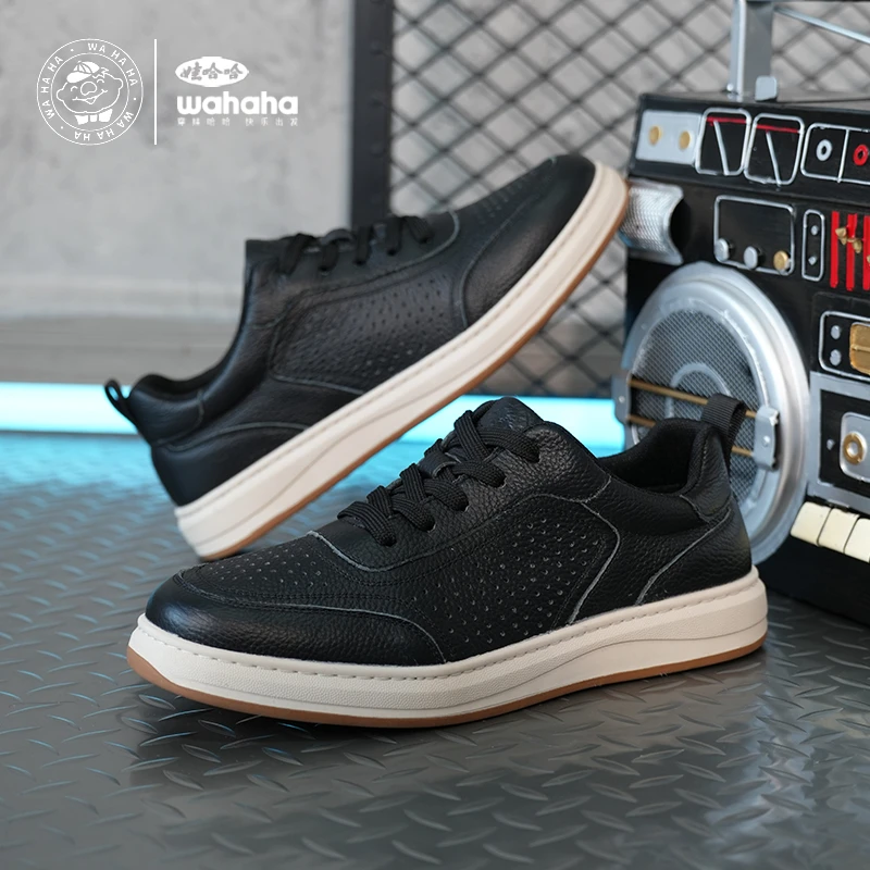 Wahaha/娃哈哈2025新款黑色板鞋男鞋夏季透气头层牛皮男士休闲鞋