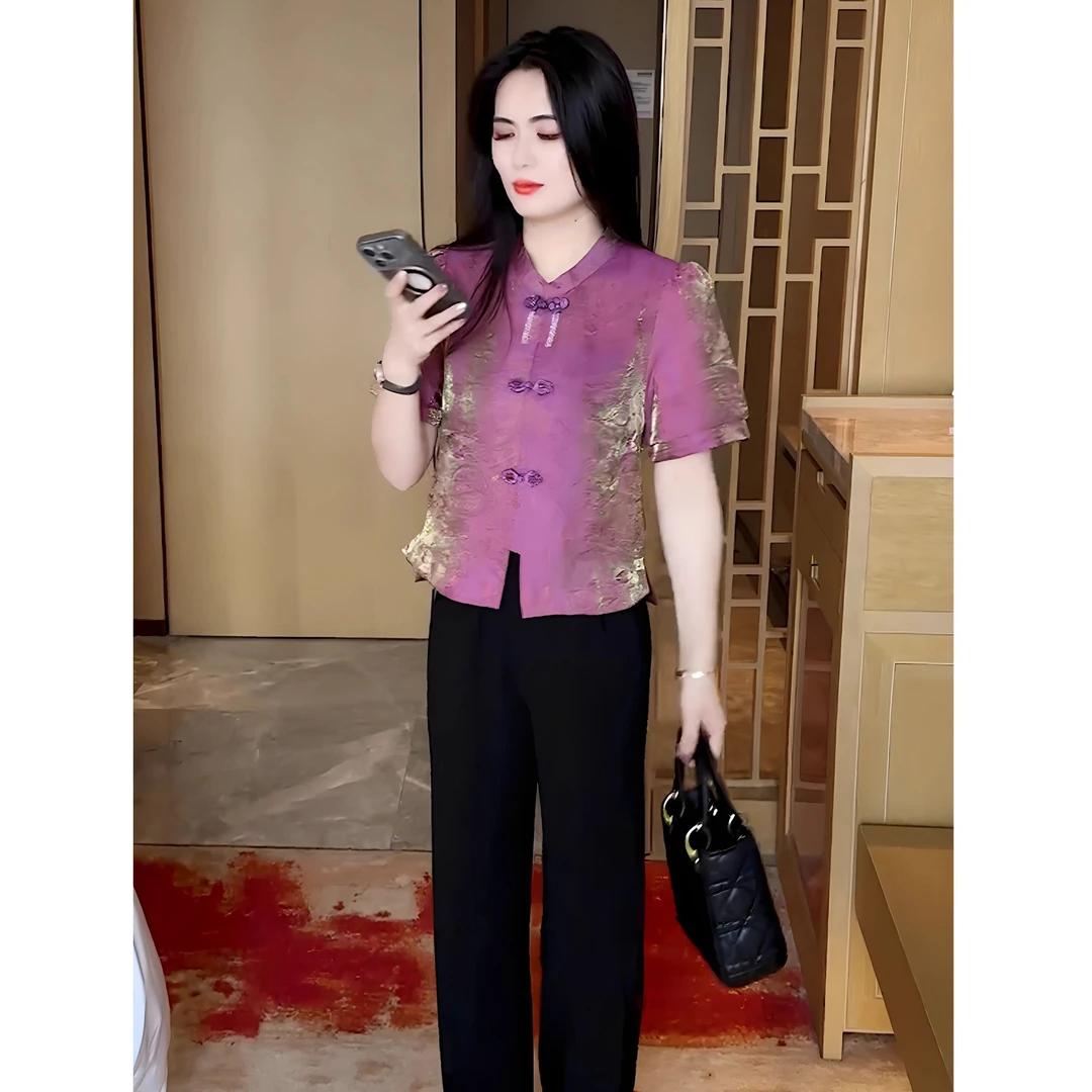 中式套装2025夏季新款国风禅意立领盘扣印花短袖垂感阔腿裤两件套