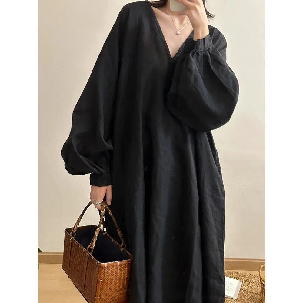 2025秋季新款简约宽松休闲慵懒长袖连衣裙女V领气质文艺复古长裙