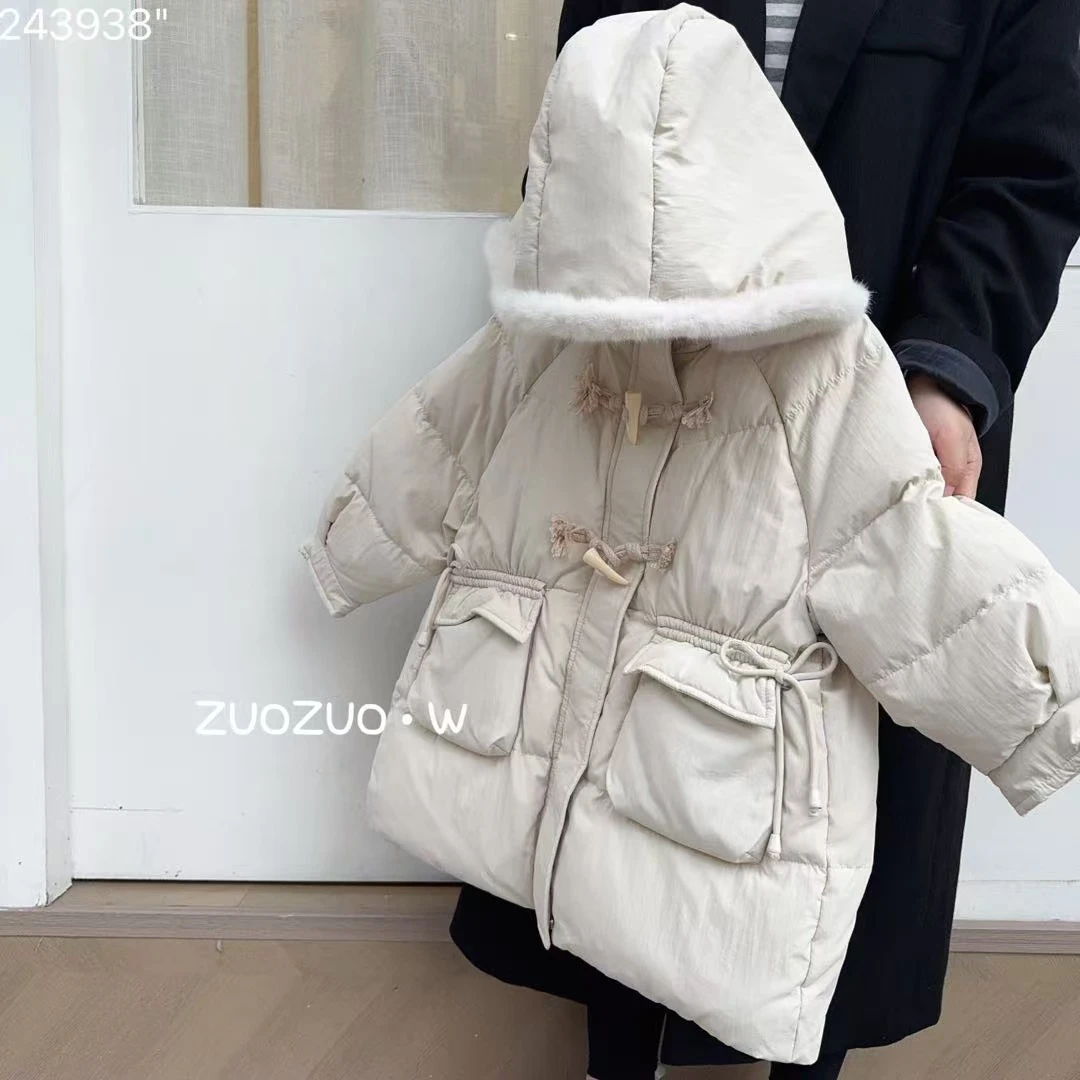 【羽绒服】243938（米杏色）外套 女童可爱百搭 牛角扣连帽羽绒服