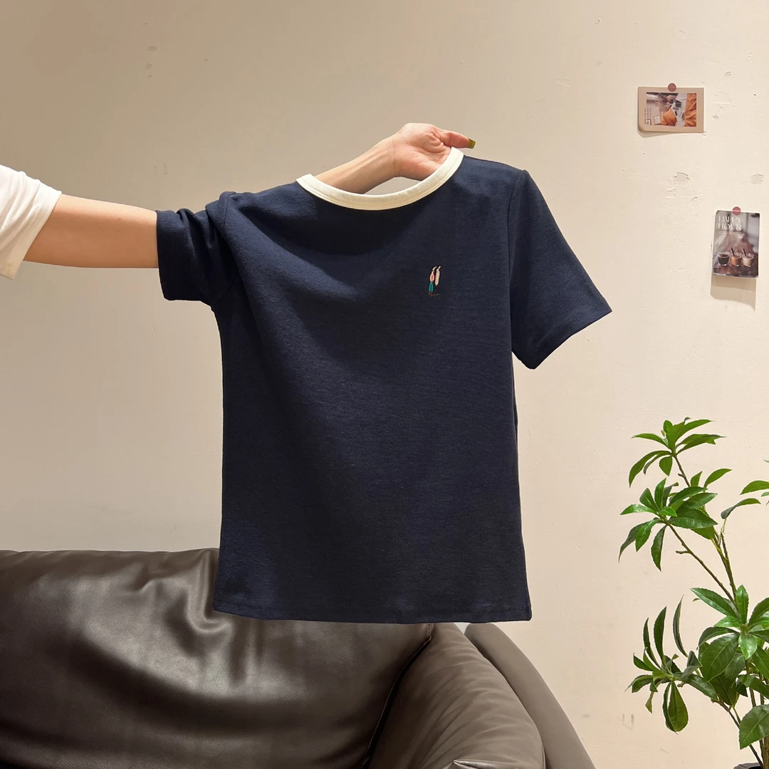 藏蓝圆领刺绣正肩修身短袖t恤女休闲基础款夏季新款百搭外穿上衣