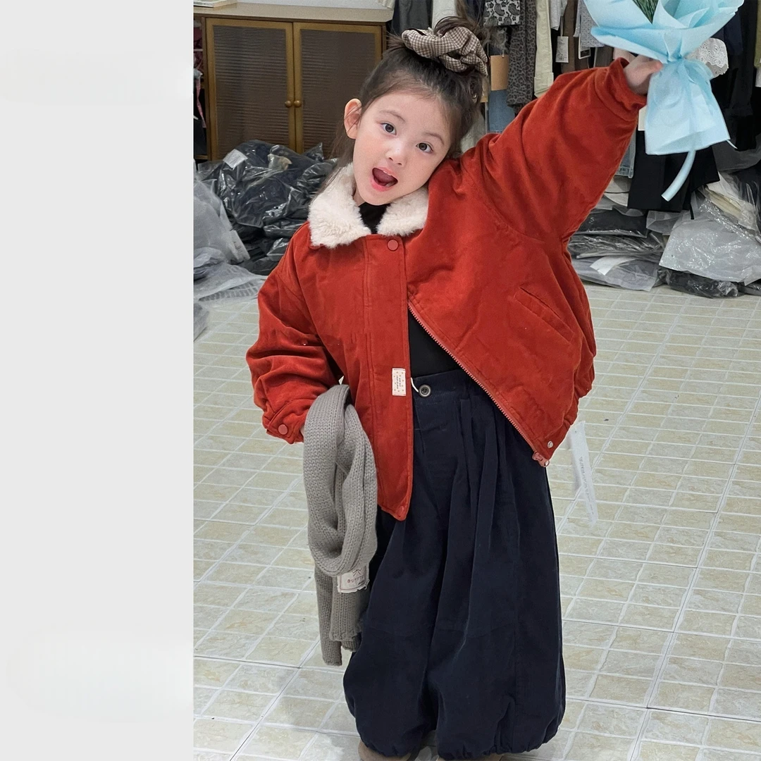 女童外套2025新款冬装儿童加厚毛绒翻领红色棉衣宝宝百搭保暖棉袄