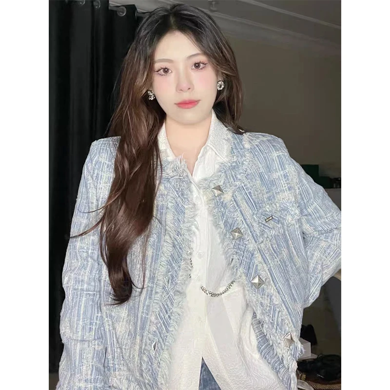 24-1复古百搭时尚气质蓝色短款春季新款外套上衣设计感早秋