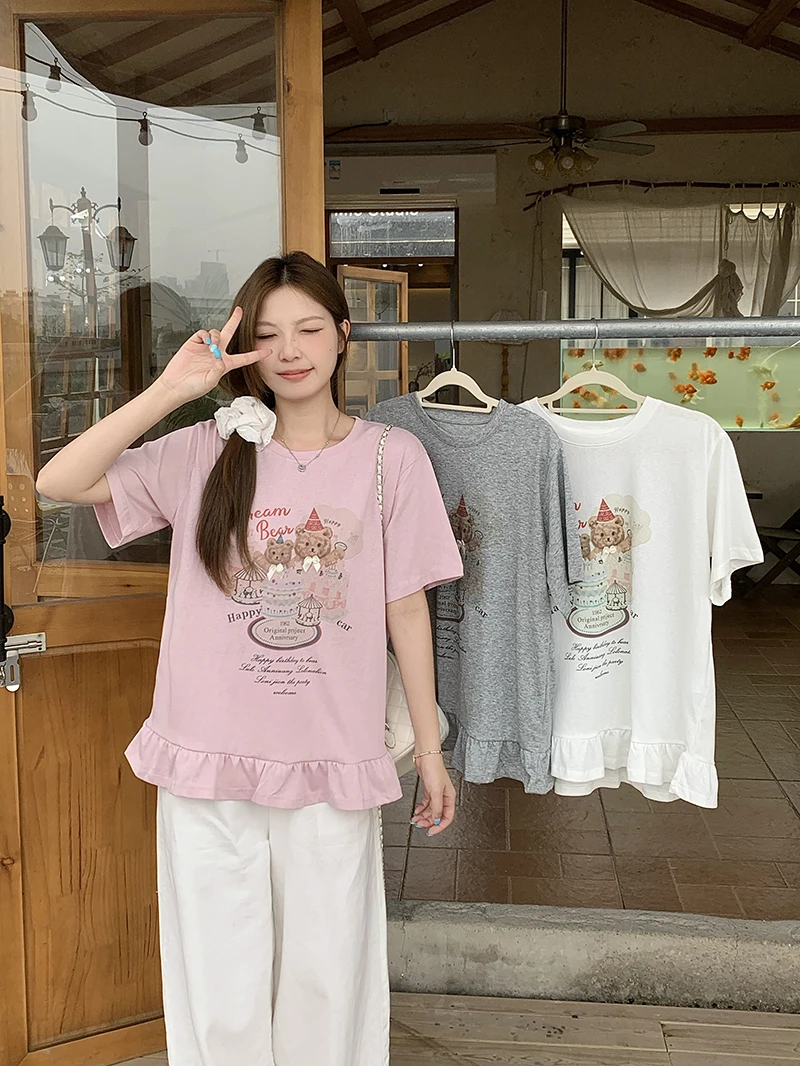 Q2025夏装新款胖mm大码女甜美卡通印花宽松显瘦花边短袖T恤A1518