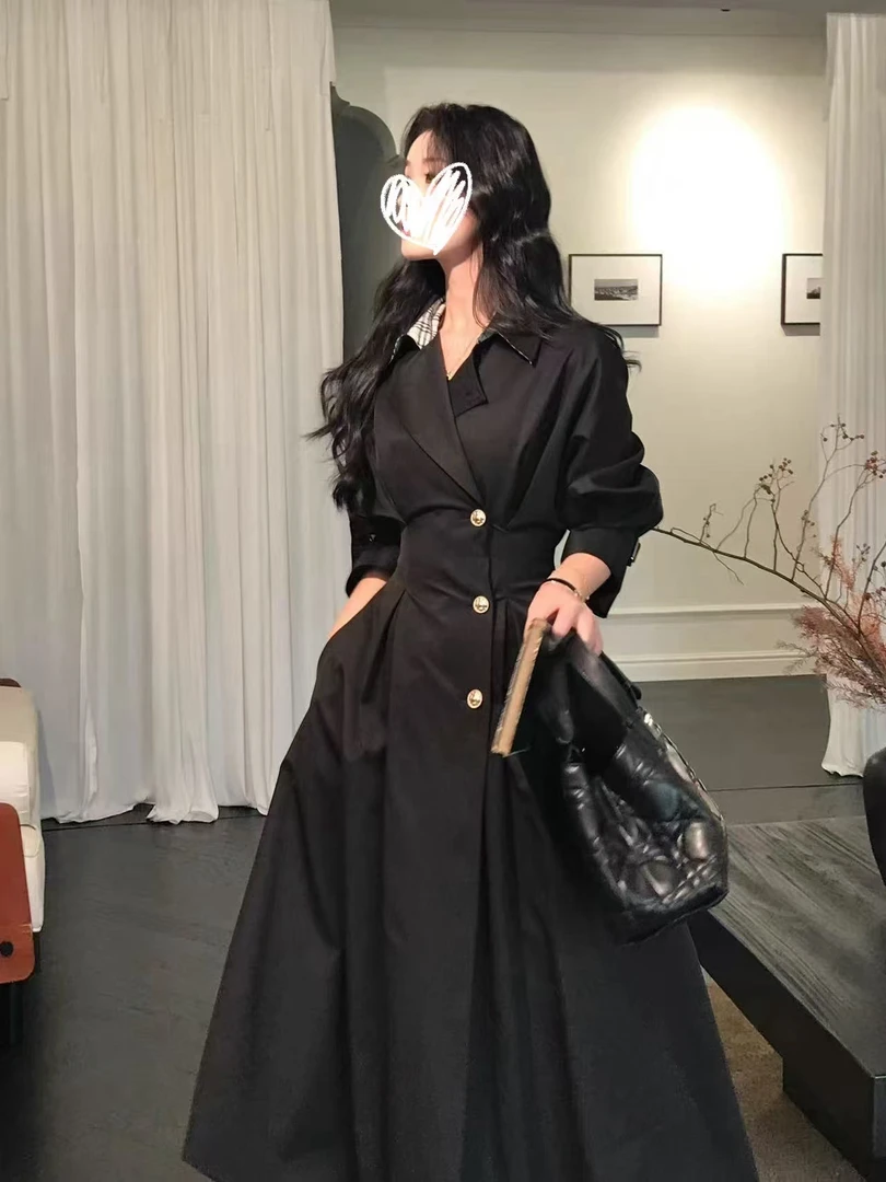 巨显腰细格纹硬挺韩女蚂蚁腰大衣长外套女秋风衣
