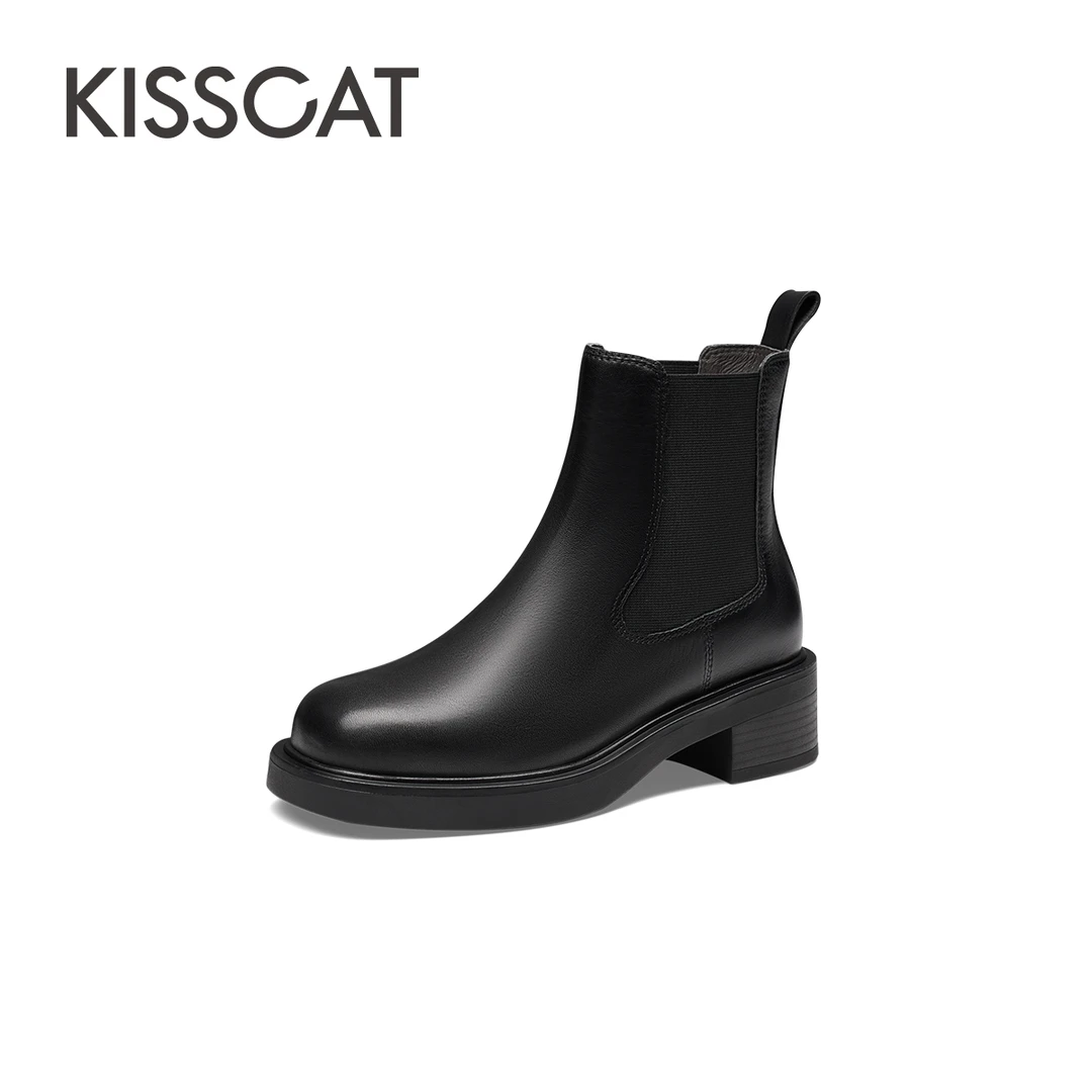 【众心专属】接吻猫新款复古烟筒短靴粗跟简约切尔西靴女KA43701-51