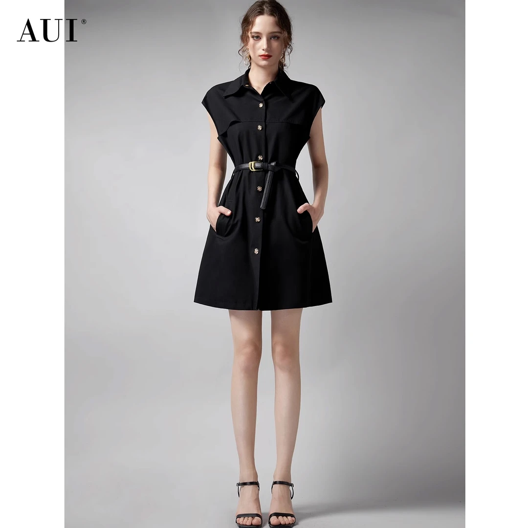 【白姐专属】AUI黑色工装御姐高级感衬衫连衣裙a字裙-24W014520