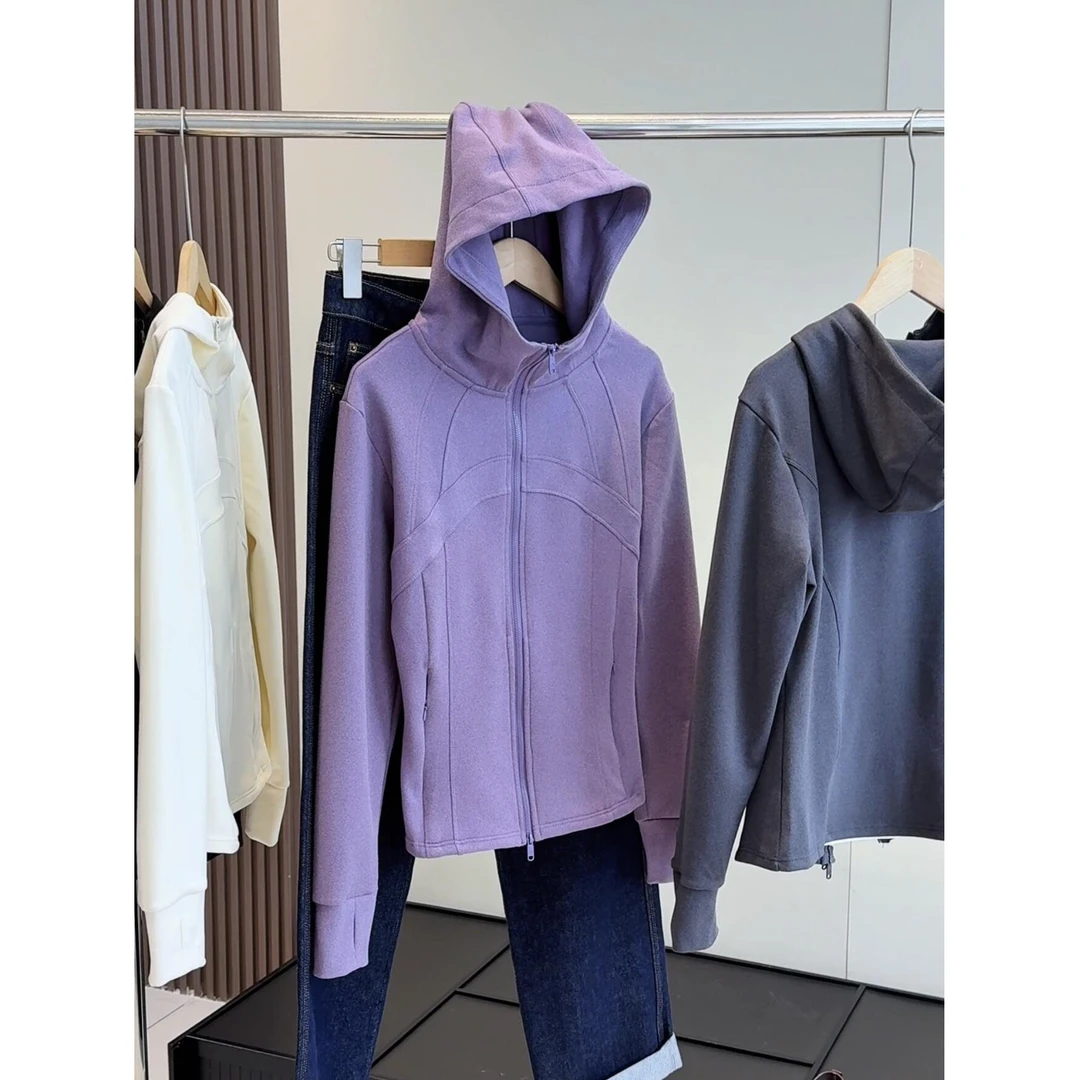 立体裁剪小蛮腰瑜伽短外套女修身连帽运动健身长袖骑行户外上衣