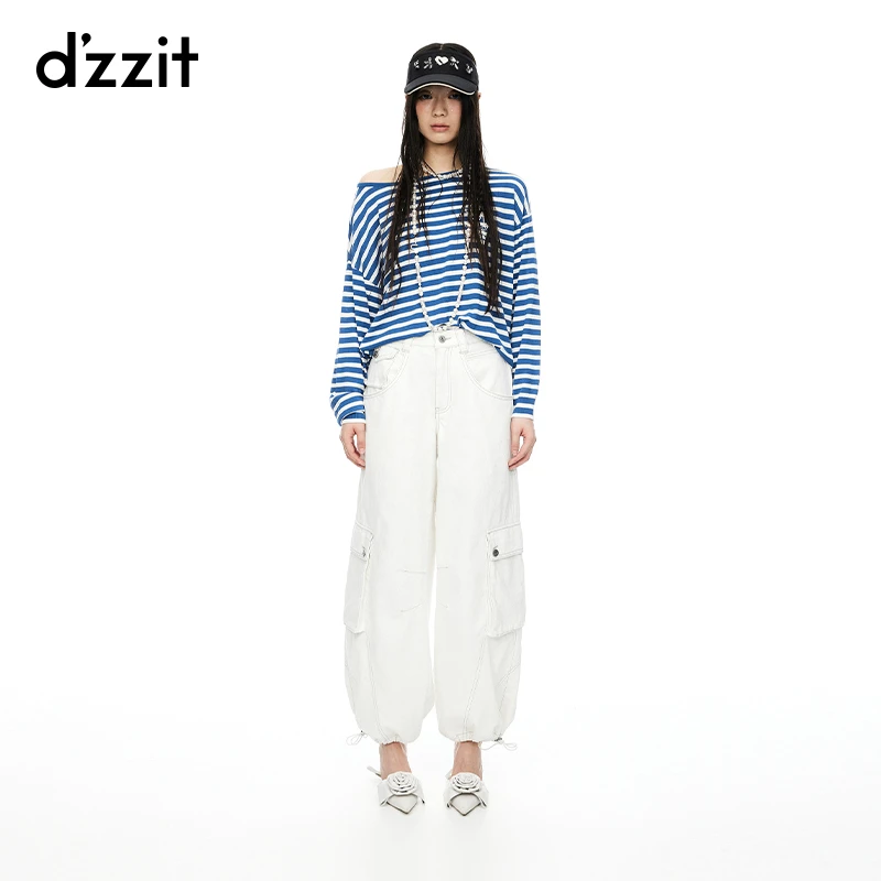 【专属】dzzit地素牛仔裤夏季帅气工装风白色纯棉宽松束脚长裤女