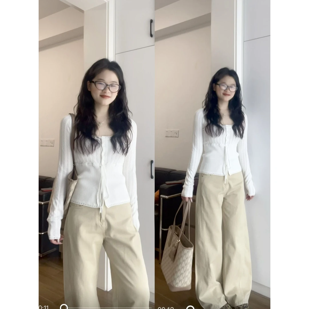 韩系气质u领长袖针织衫女早春新款修身绑带小个子正肩打底衫上衣