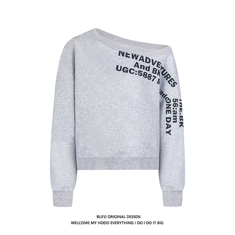 亿万少年BUFU美式复古斜肩卫衣女春季辣妹风字母长袖套头宽松上衣