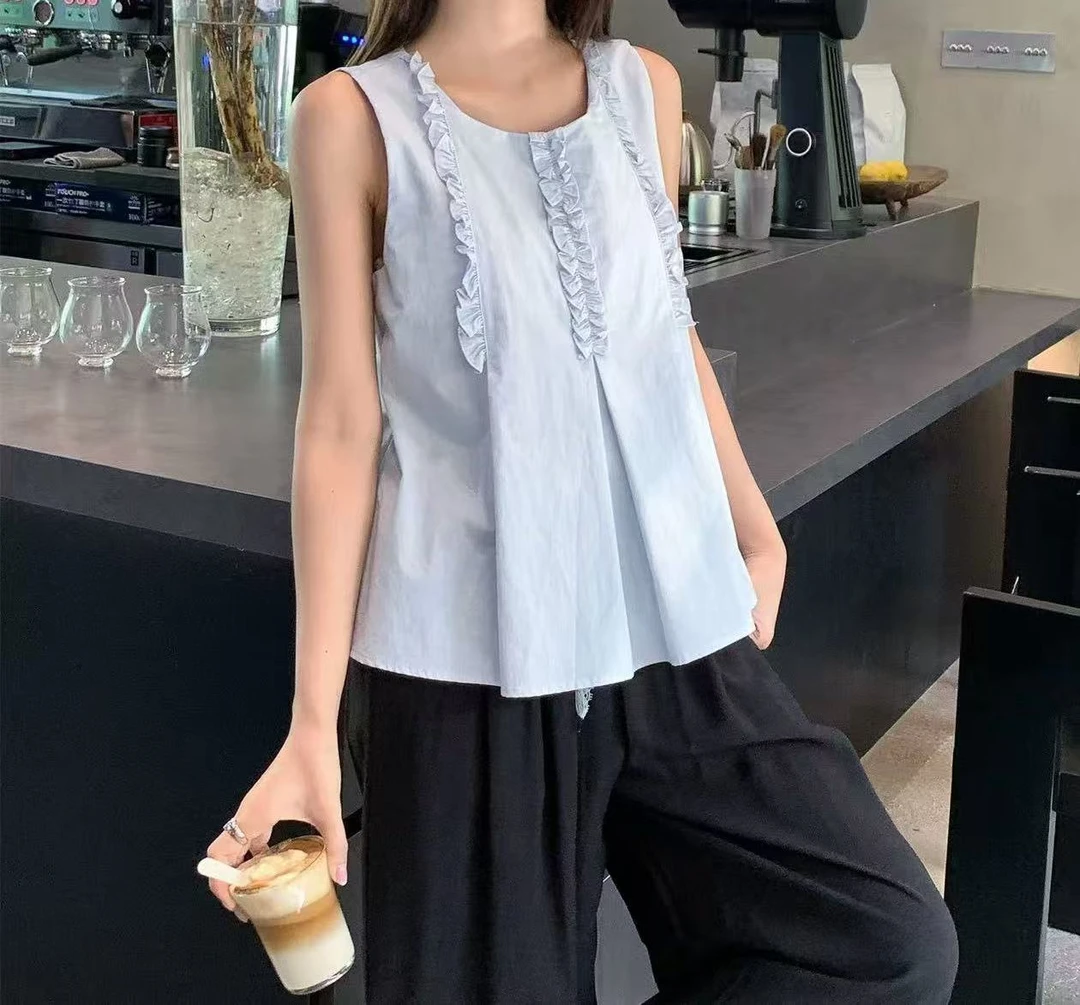 8537号#8082#夏日甜美风减龄木耳边设计圆领无袖衬衫背心（预）