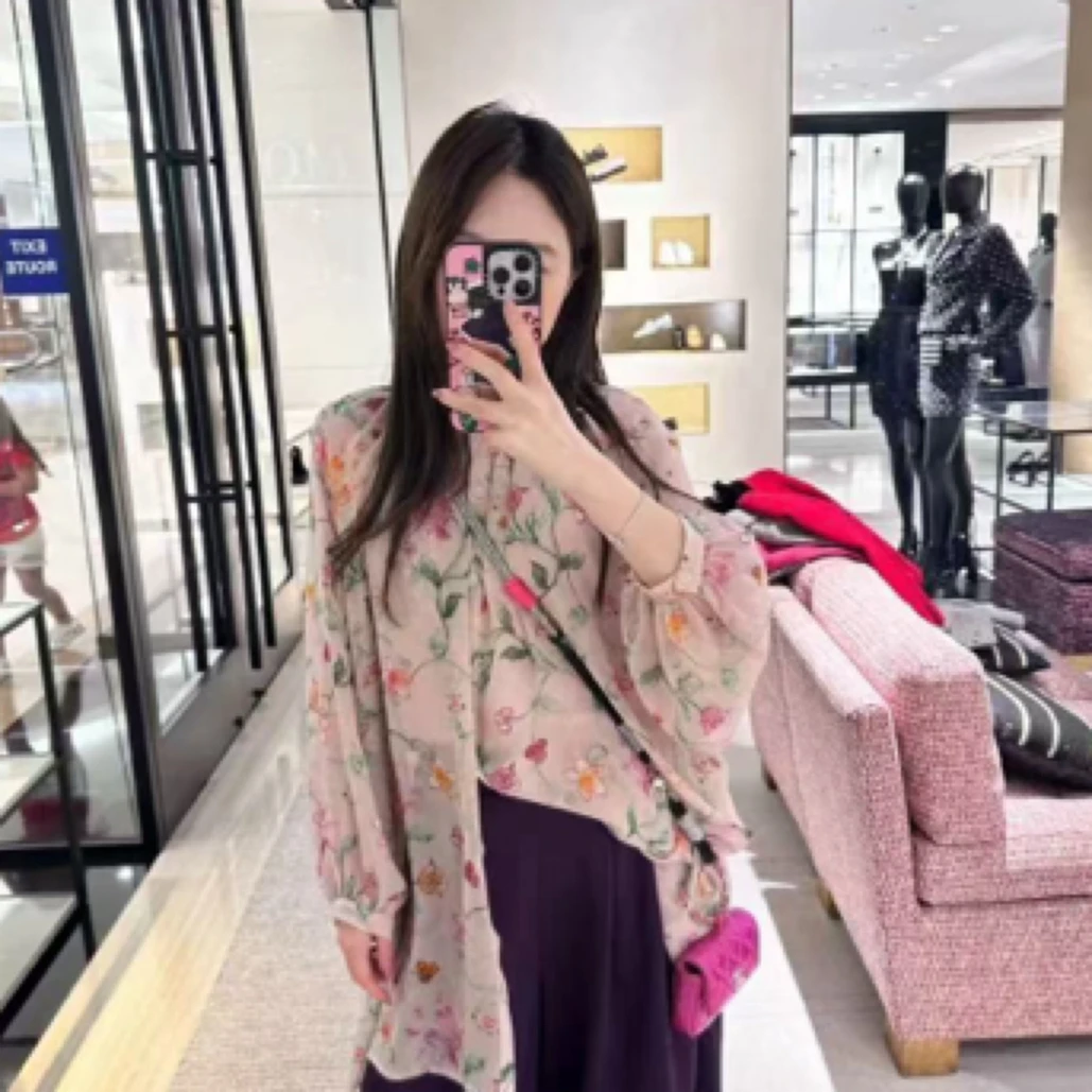 大漂亮韩版年轻时尚减龄碎花衬衫春款宽松遮肉雪纺衬衣半身裙套