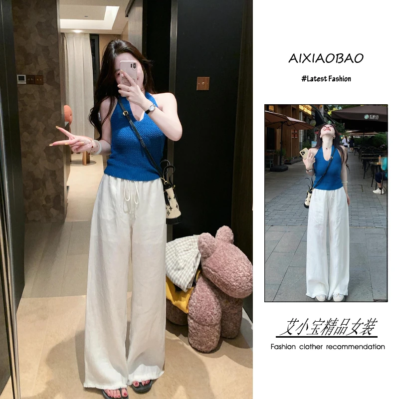 夏季2025年新款女装韩系辣妹风性感露背挂脖吊带流苏阔腿裤两件套