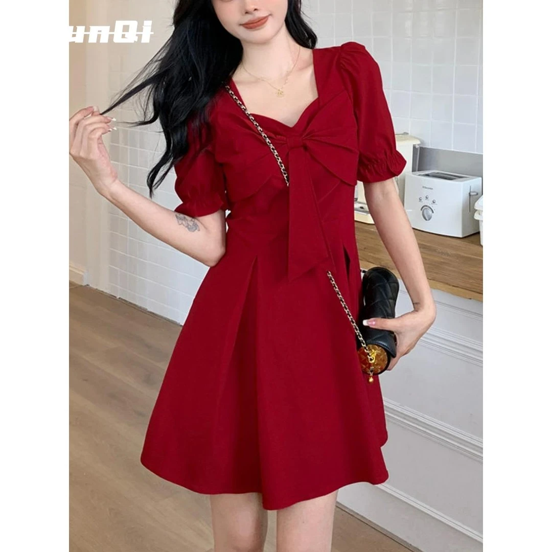 淳启胖mm法式蝴蝶结红色连衣裙女夏季高级感订婚礼服设计感A字裙