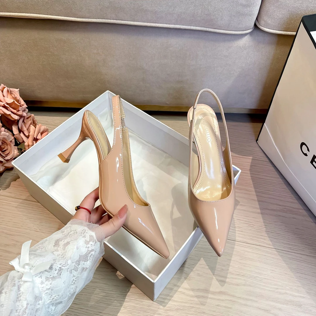 2025夏季新款裸色高跟凉鞋一脚蹬浅口纯色漆皮镂空包头凉鞋3055-A