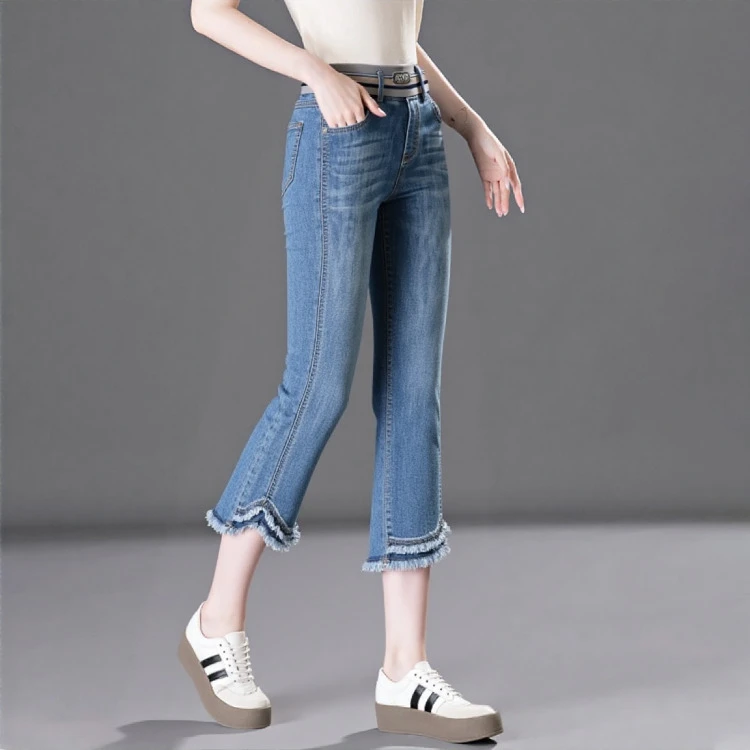 微喇牛仔裤女夏季薄款2025新款松紧高腰小个子八分裤时尚妈妈裤子