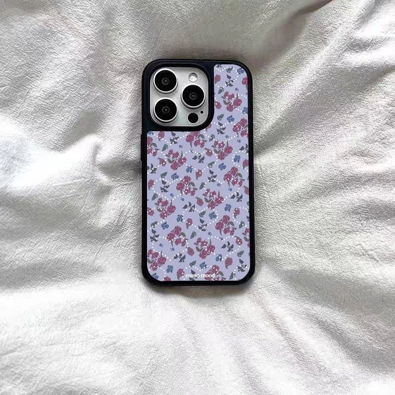 新款韩风5531淡紫色碎花爱心高级感玻璃手机壳适用oppo苹果16小米