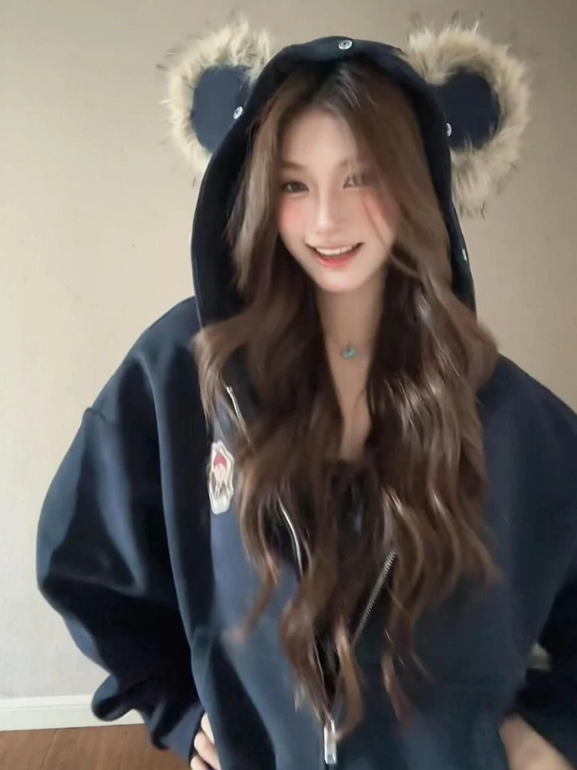 伶落旧人可爱小熊耳朵毛领开衫外套女2025秋冬新款设计感拉链外套
