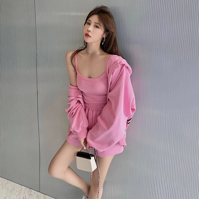 运动套装休闲套装夏季新款外套网红时尚背心宽松短裤三件套