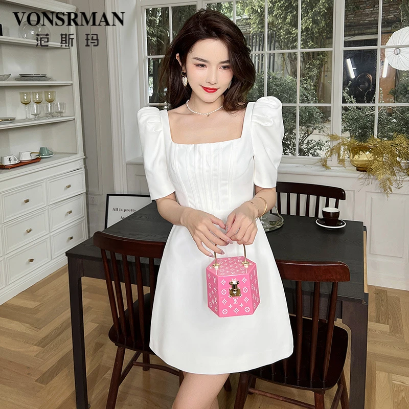 泡泡袖方领连衣裙名媛风2025夏季新款女装高级感气质收腰a字短裙