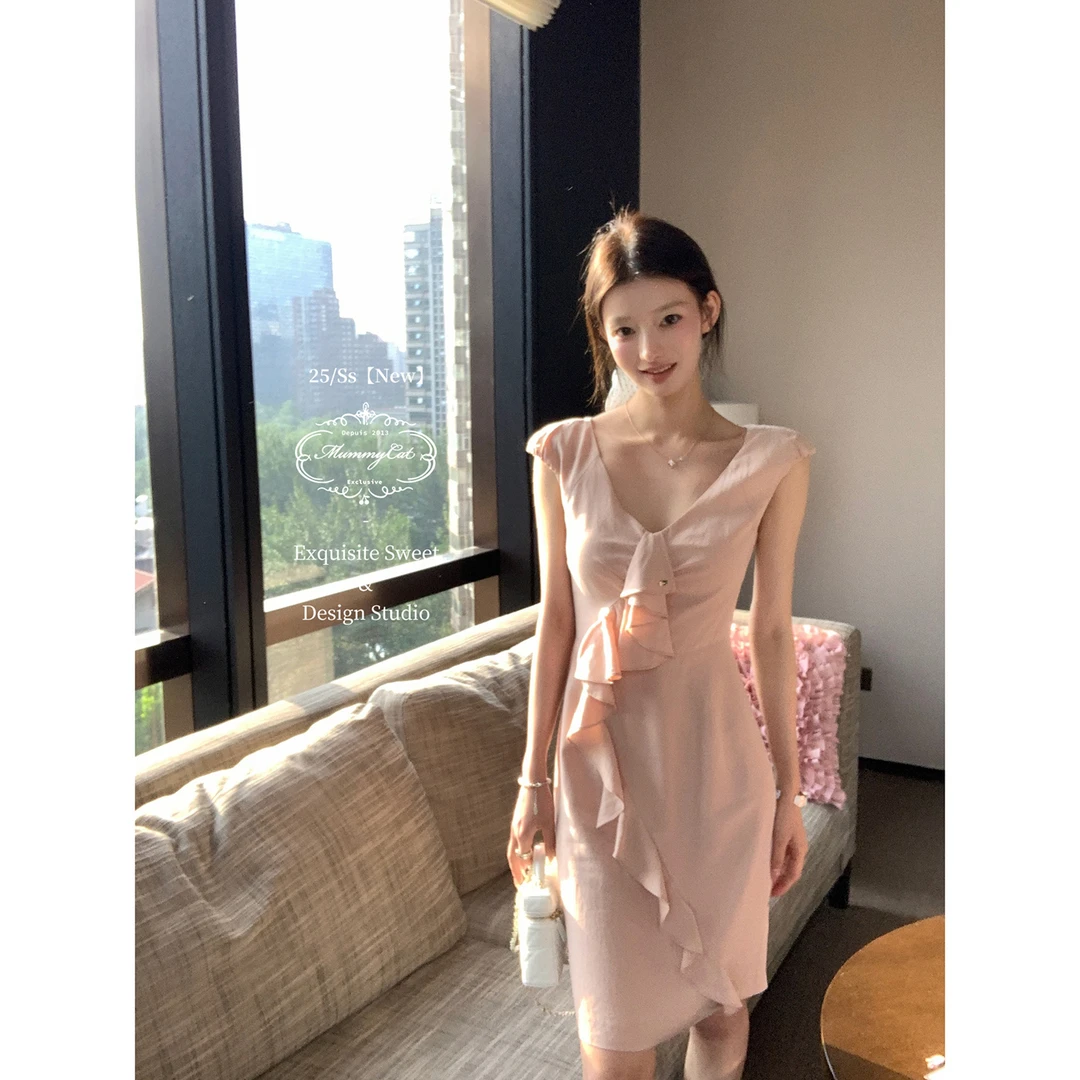 Mummy Cat下蛋喵 【藤井莉娜】25新品亚麻tian丝荷叶边包臀连衣裙