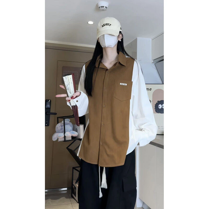 春季新款衬衫男港风宽松长袖衬衣外套中性风情侣衬衫