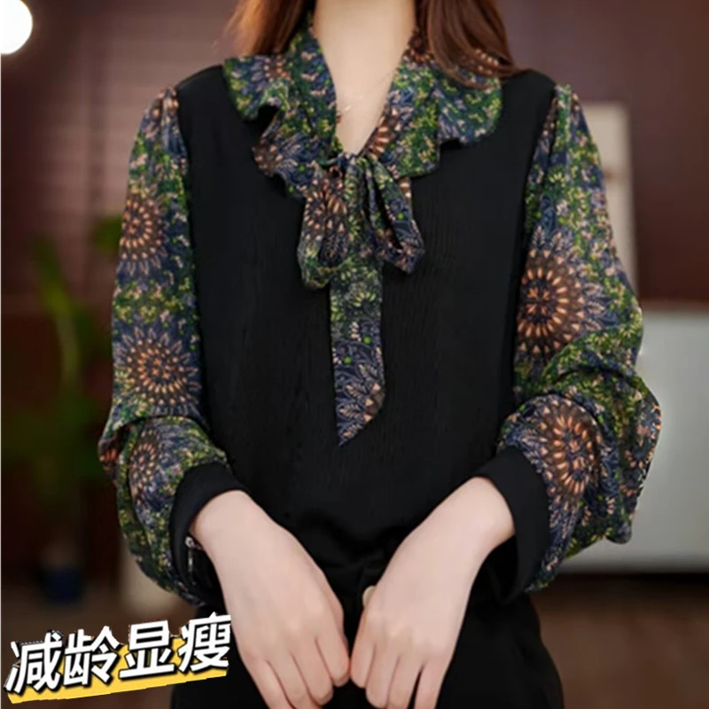 春夏季薄款长袖薄款假两件冰丝衬衫大码中年妈妈遮肉显瘦防嗮上衣