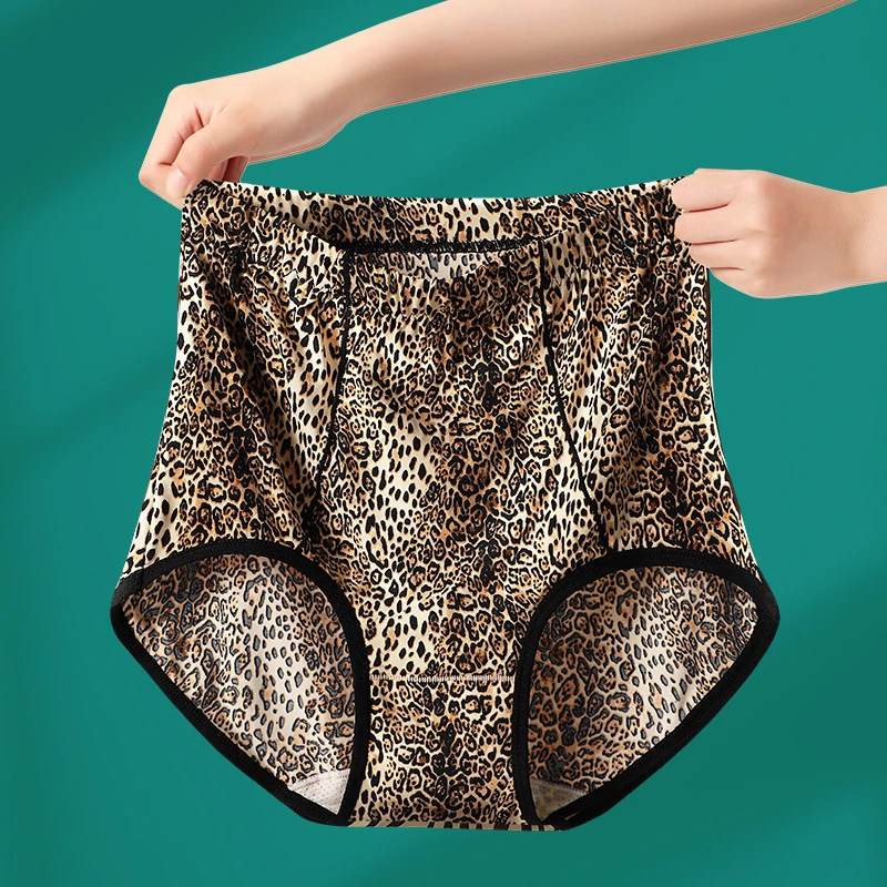 裸感高弹性感豹纹内裤女高腰收腹大码胖mm亲肤高弹提臀透气三角裤