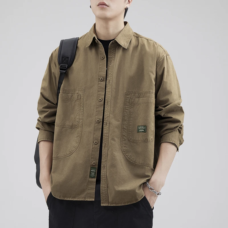 纯棉美式复古长袖衬衫男潮牌宽松大口袋休闲衬衣百搭工装军绿衬衣