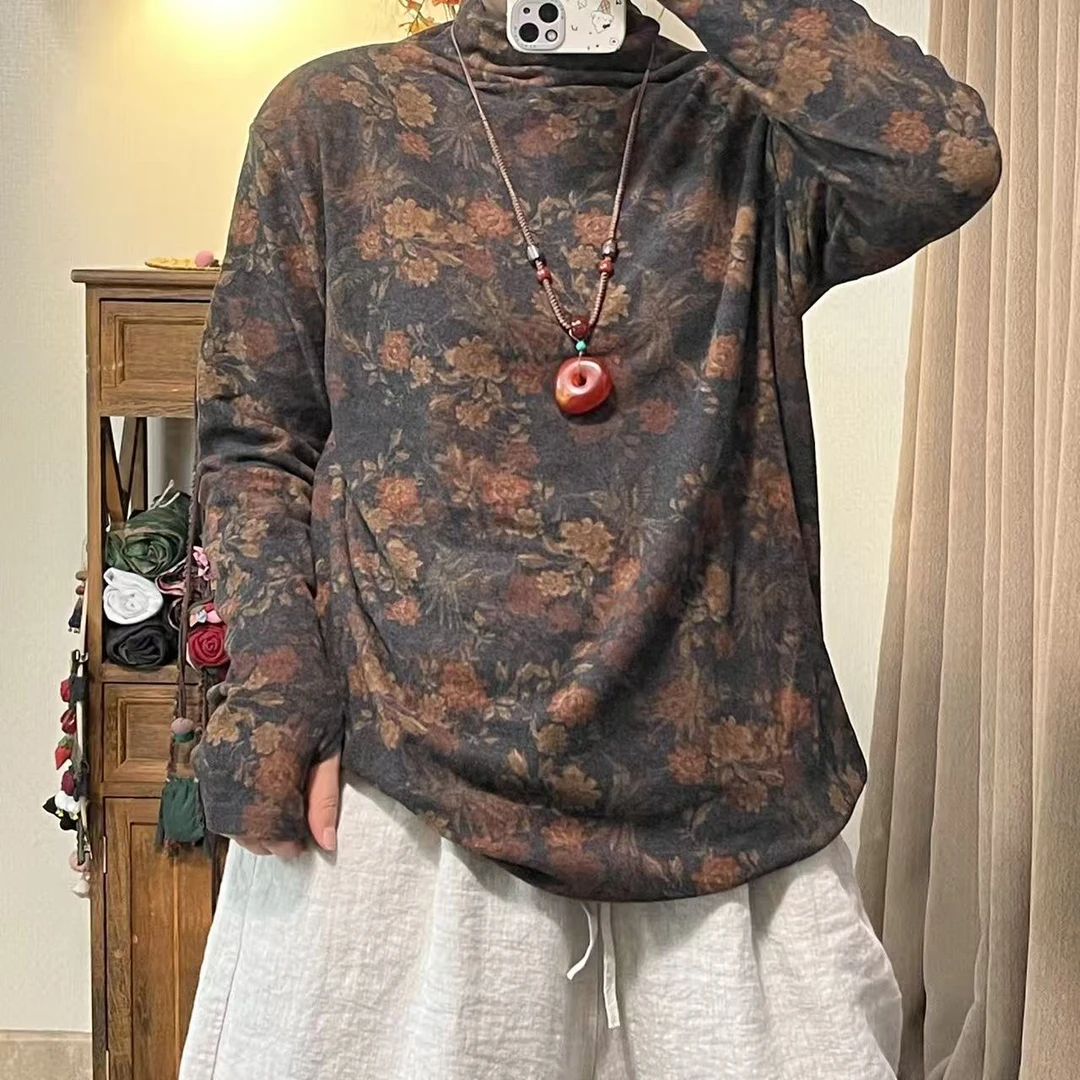 爱麻 秋冬复古花色双面德绒套袖半高领打底衫