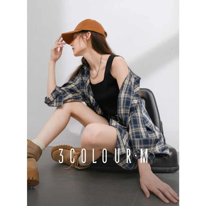 三彩女装2025春季新款格纹衬衫宽松中长款衬衣开衫翻领休闲复古M