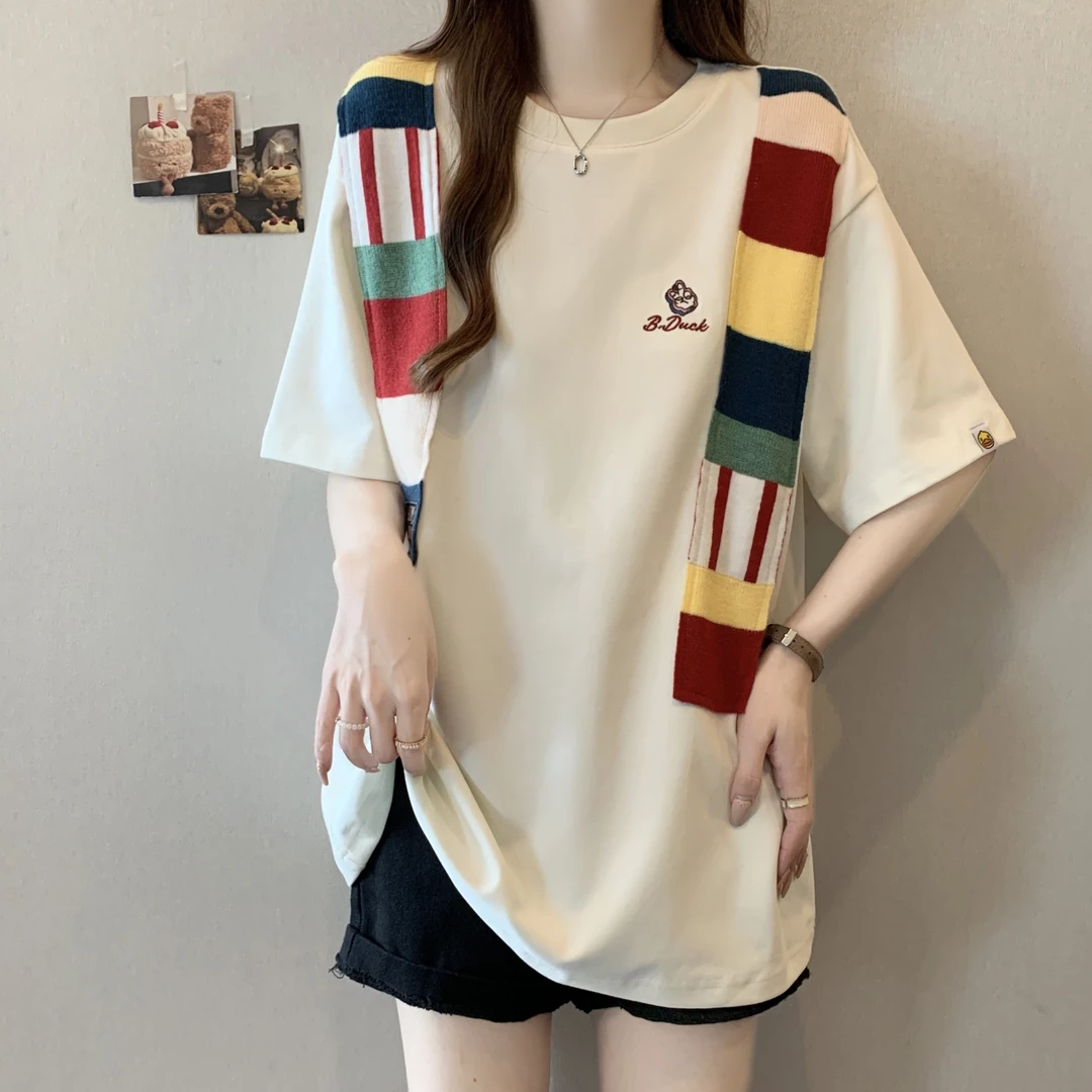 韩系假两件披肩白色正肩短袖T恤女2025夏大码胖mm中长款宽松上衣