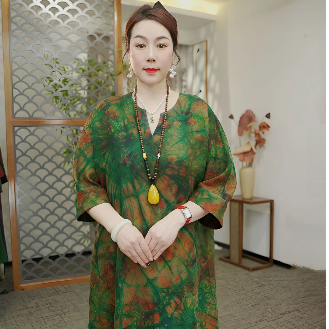 女双面穿100%真丝扎染香云纱连衣裙女高端简约感圆领连衣裙