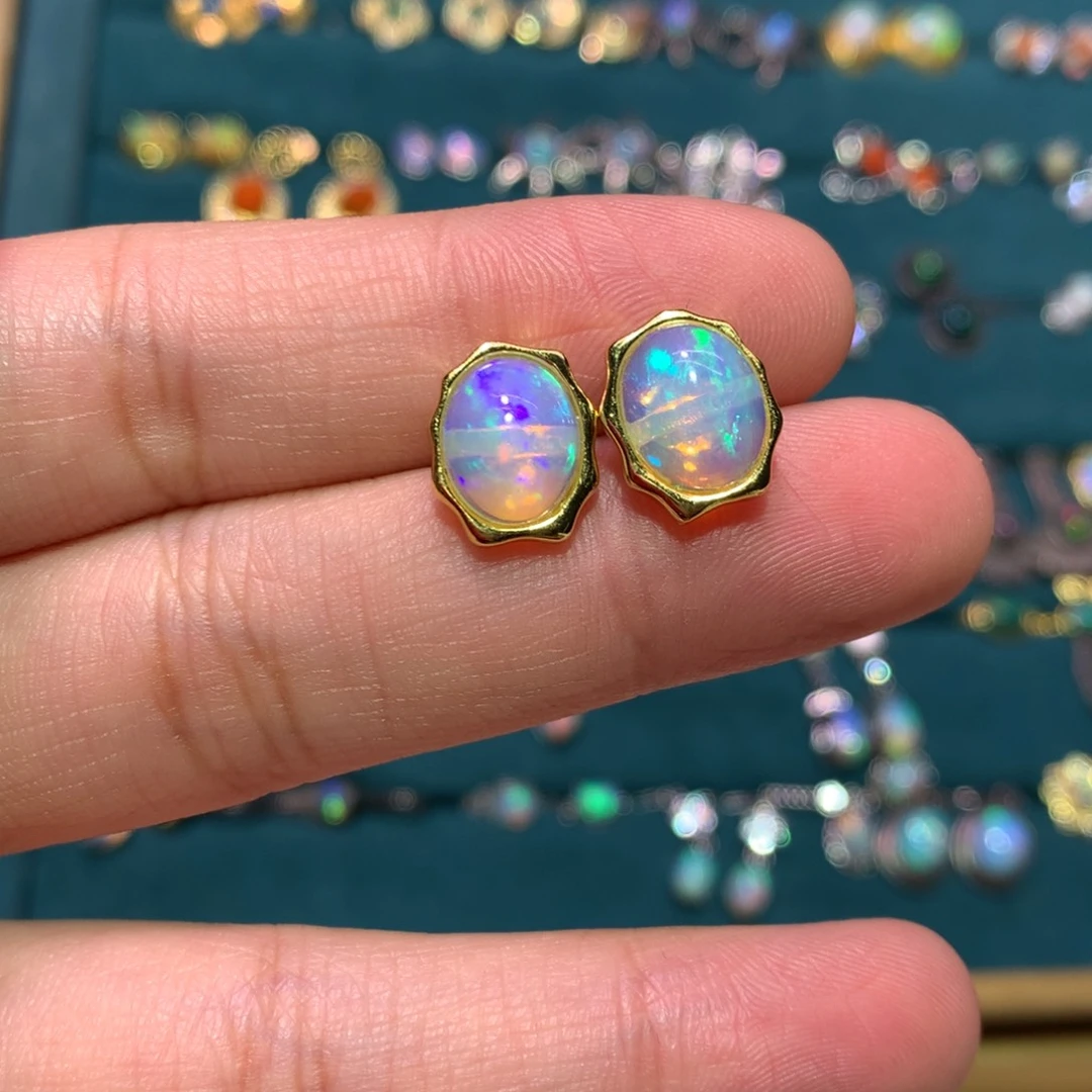 银S925镀金镶嵌欧泊耳钉