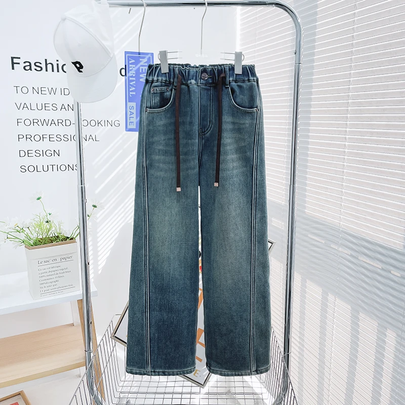 冬季新款女童加绒牛仔裤阔腿裤子宽松保暖百搭潮童zb3997简约童品