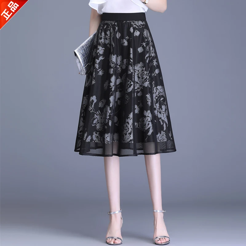 正品2025新款夏季半身裙显瘦女印花蕾丝松紧腰大摆a字裙子网纱裙