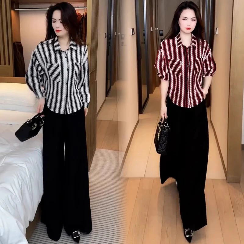 时尚套装女2025春季新款洋气显瘦减龄条纹短袖衬衫阔腿裤两件套潮