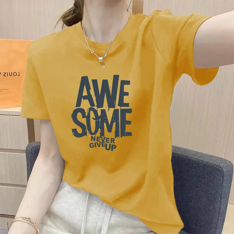 夏季2025新款港风宽松黄色女士短袖t恤洋气印花chic上衣显瘦体恤
